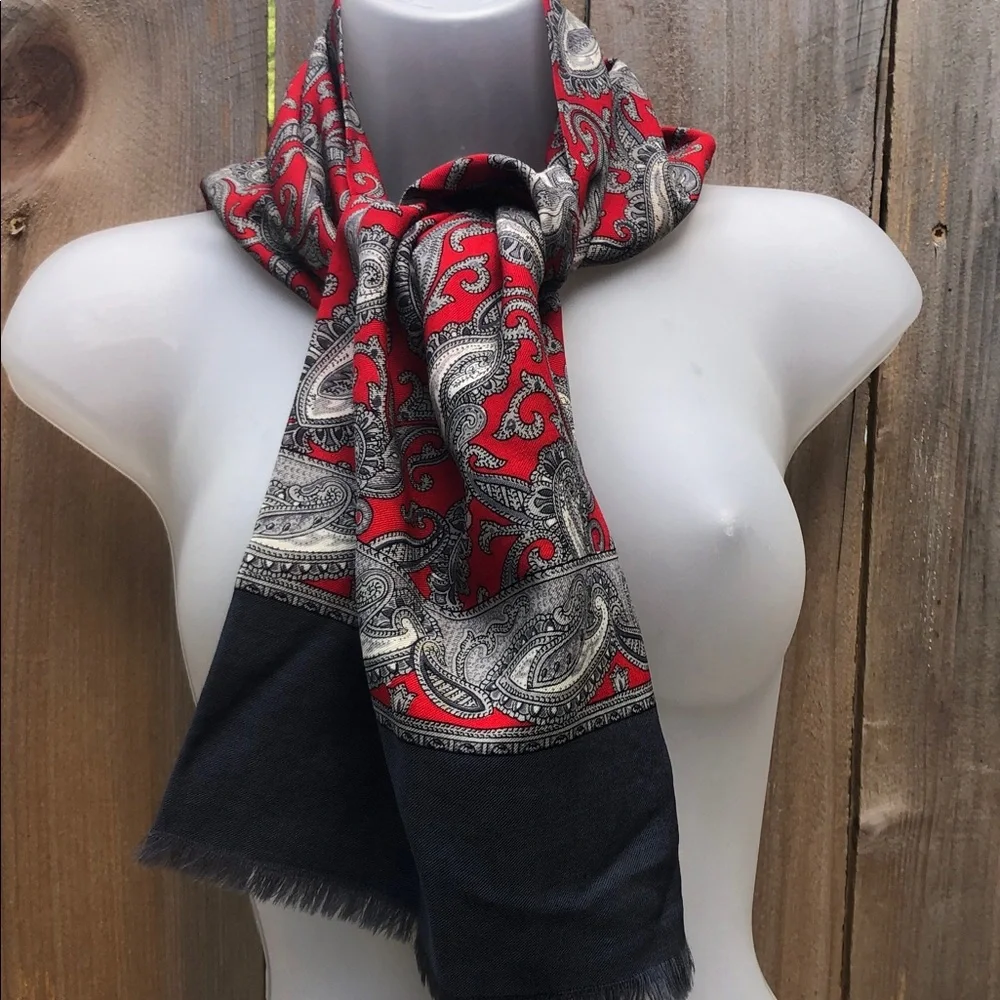 Hand printed in Switzerland Opera Wool Scarf w/ Red & Gray Paisley Design.